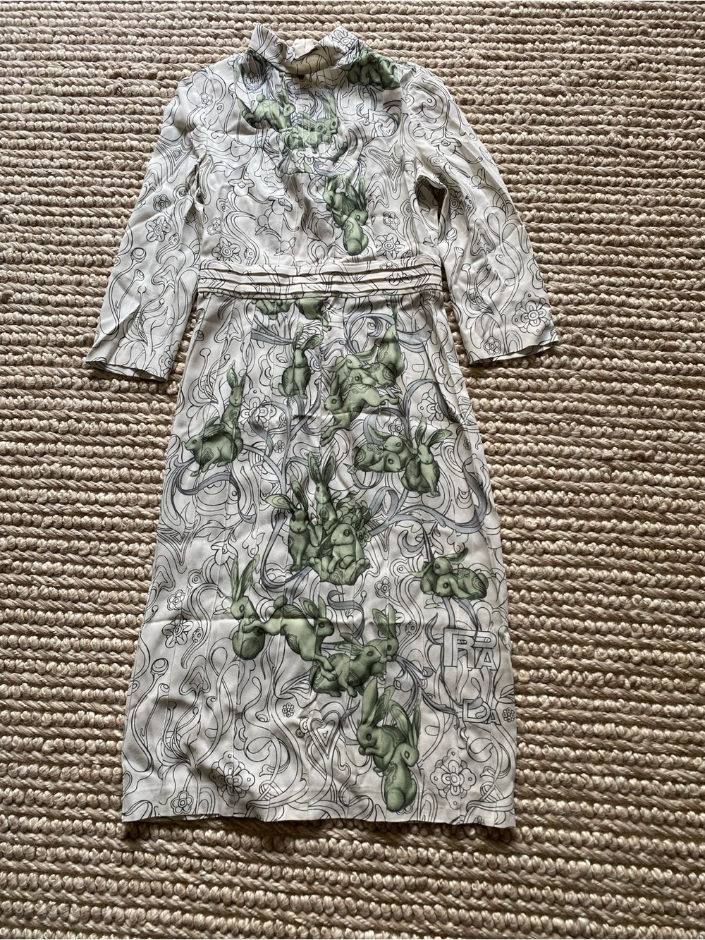 Prada unique White Long Sleeve Mock Neck Dress with Green Abstract Print